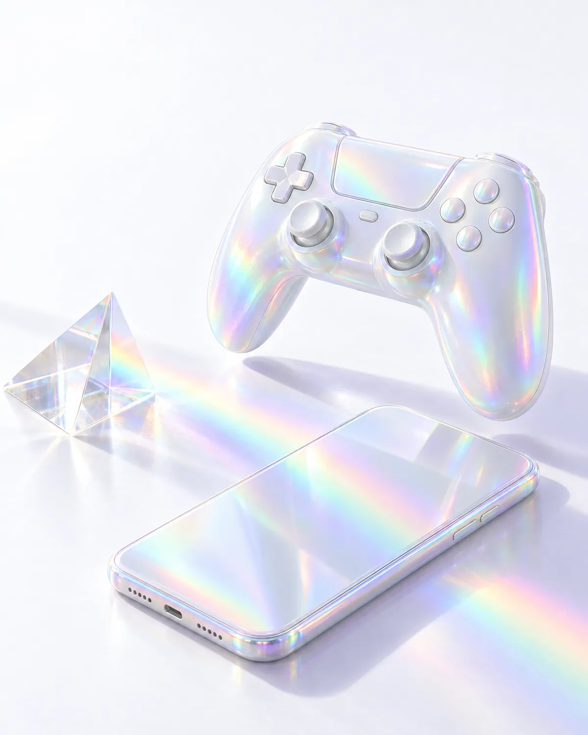 Controle e celular brancos com reflexos holográficos e um prisma sobre uma mesa branca.